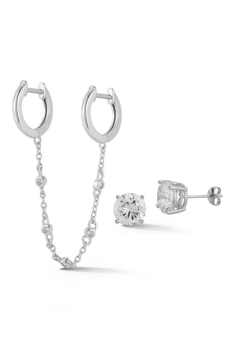 CZ Double Huggie Chain & Stud Earrings Set, Main, color, SILVER