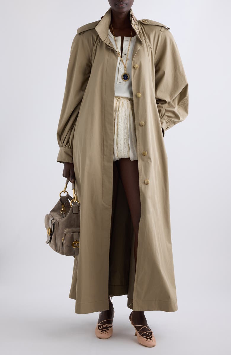 Chloé High Neck Cotton Gabardine Trench Coat, Alternate, color, Soften Brown