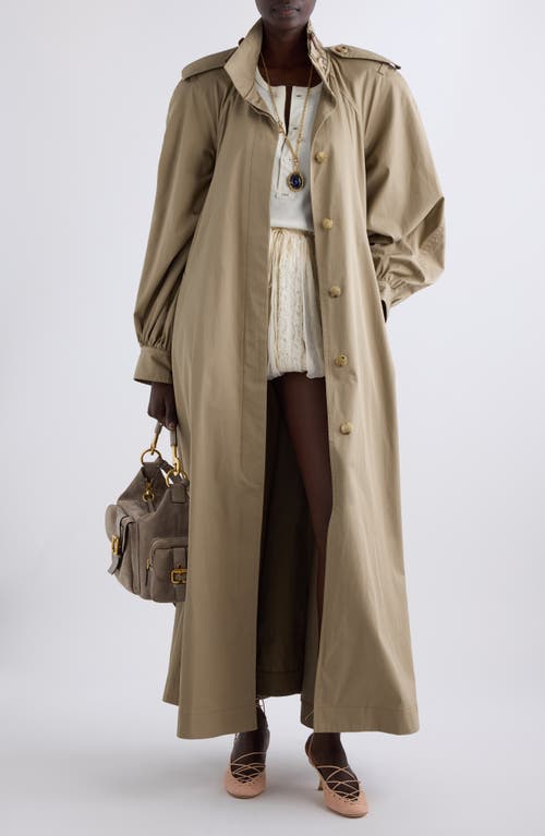 Chloé Long Trench Coat With Stand-up Collar In Cotton Gabardine In Soften Brown