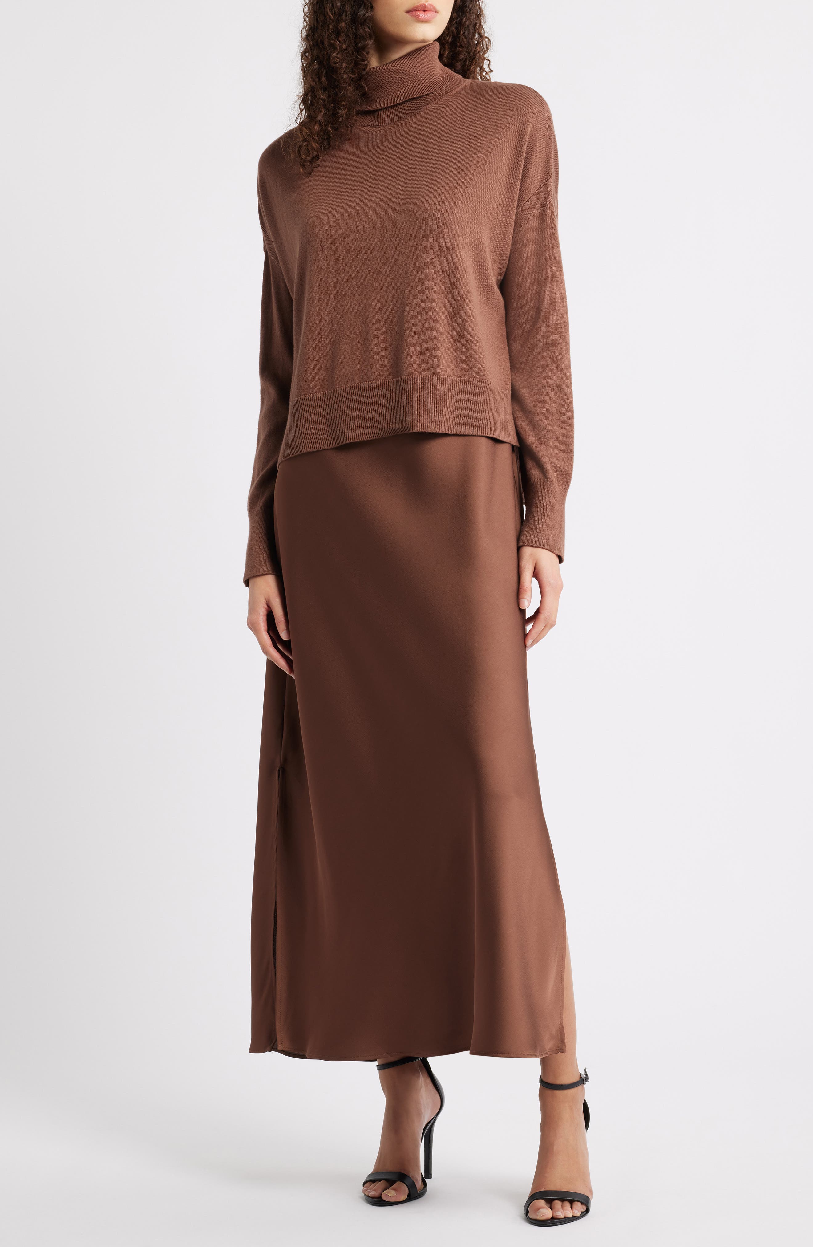 Halogen® Turtleneck Sweater & Satin Slipdress Set