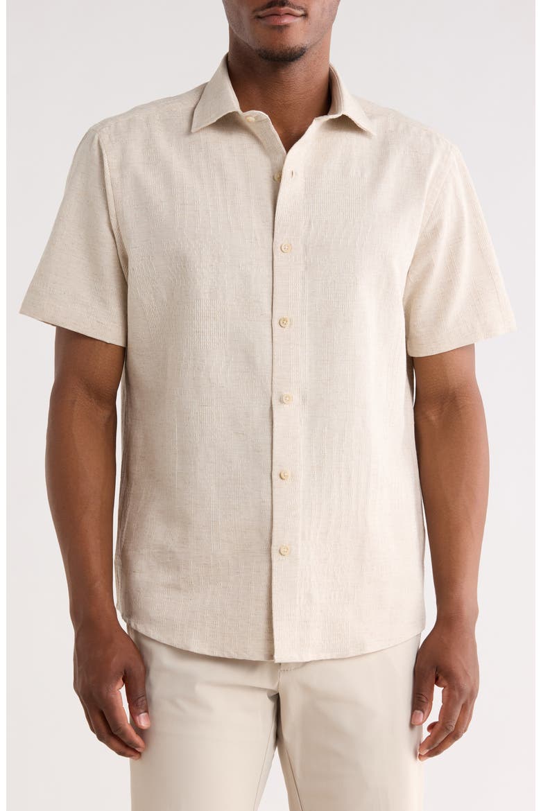 Quill Short Sleeve Cotton & Linen Button-Up Shirt, Main, color, SAND