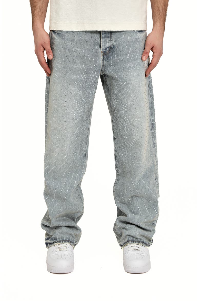 Radial Hotfix Embellished Relaxed Jeans, Main, color, LIGHT INDIGO