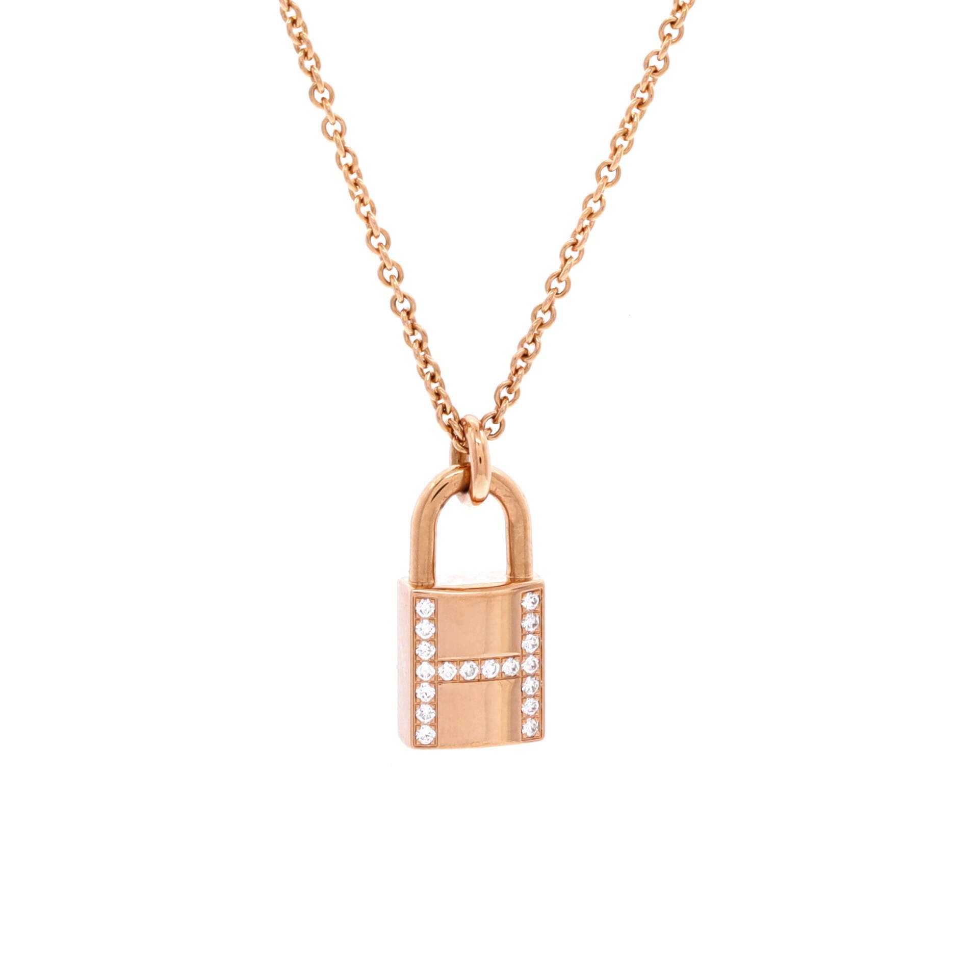 Pre-Owned Hermes Amulettes Cadenas Pendant Necklace 18K Rose Gold with Diamonds, Main, color, Rose Gold