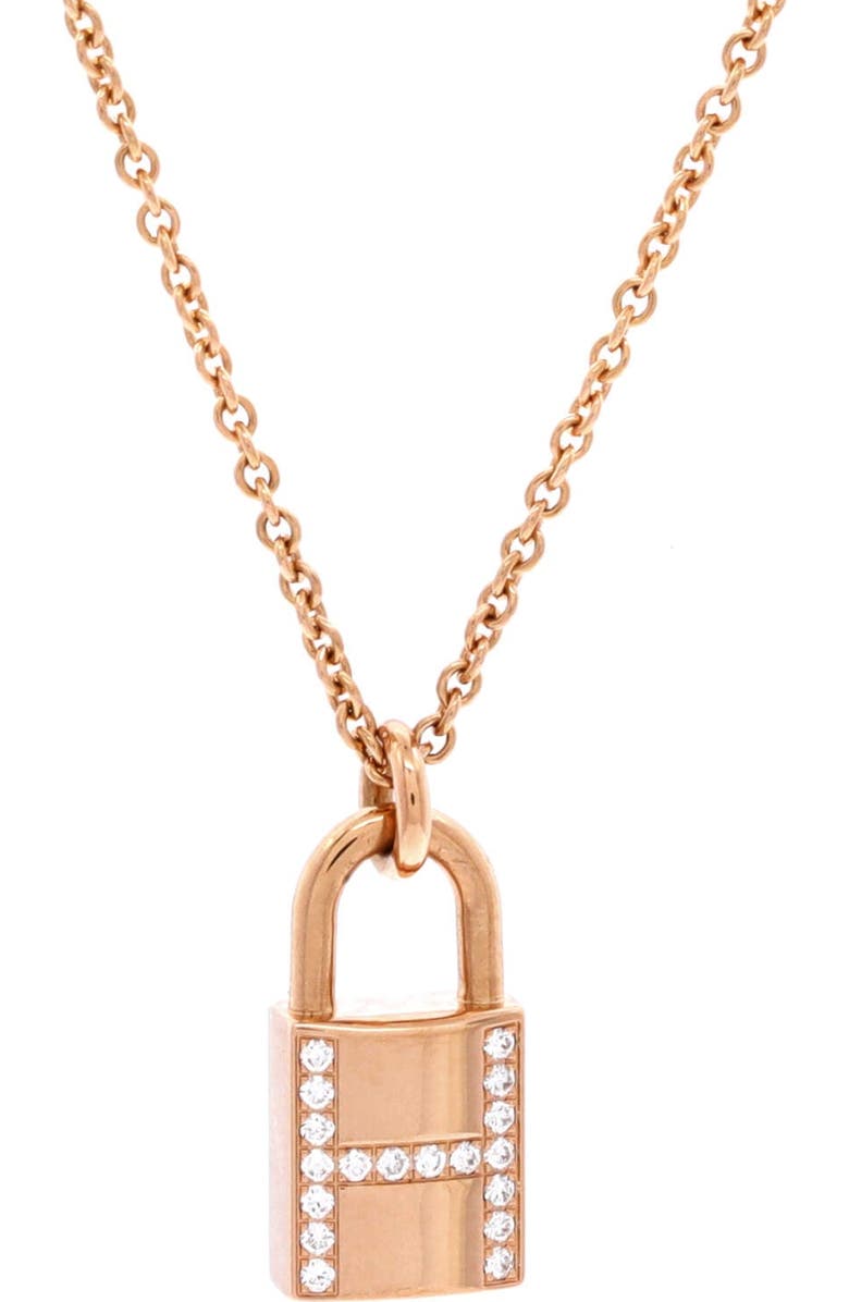 Pre-Owned Hermes Amulettes Cadenas Pendant Necklace 18K Rose Gold with Diamonds, Main, color, Rose Gold