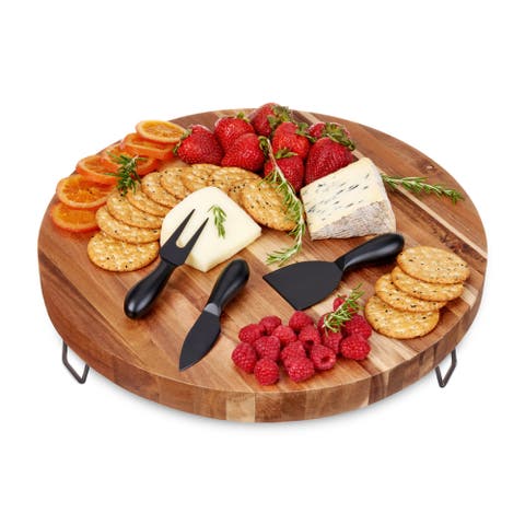 Acacia Wood Footed Cheese Board and Knife Set