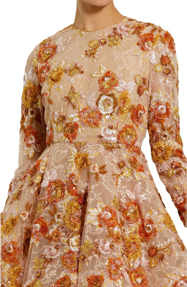 Mac Duggal High Neck Long Sleeve Sequin A Line Mini Dress, Alternate, color, Nude Multi