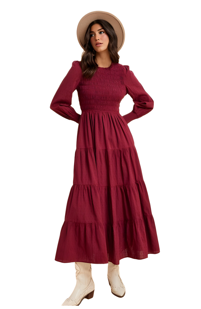 Knit and Lounge Smocked Bodice Tiered Maxi Dress with Long Sleeves, Alternate, color, 