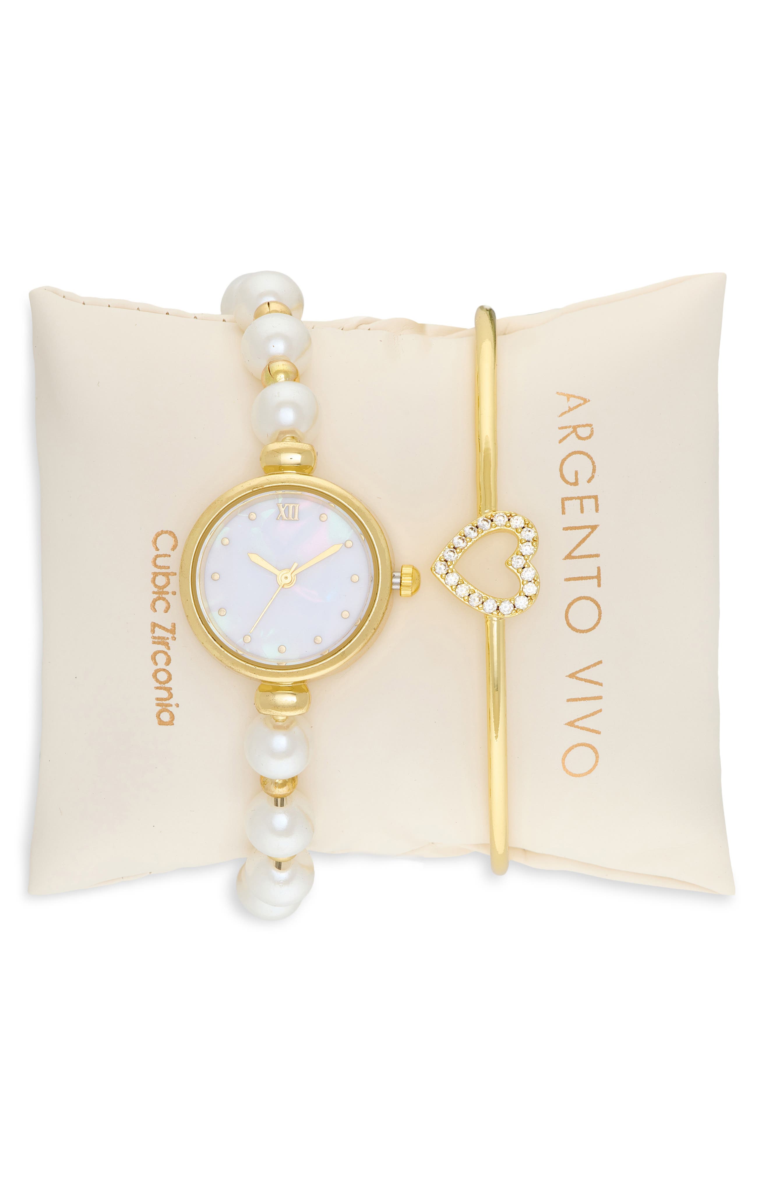 ARGENTO VIVO Mother-of-Pearl Watch & Heart Bangle Bracelet Set