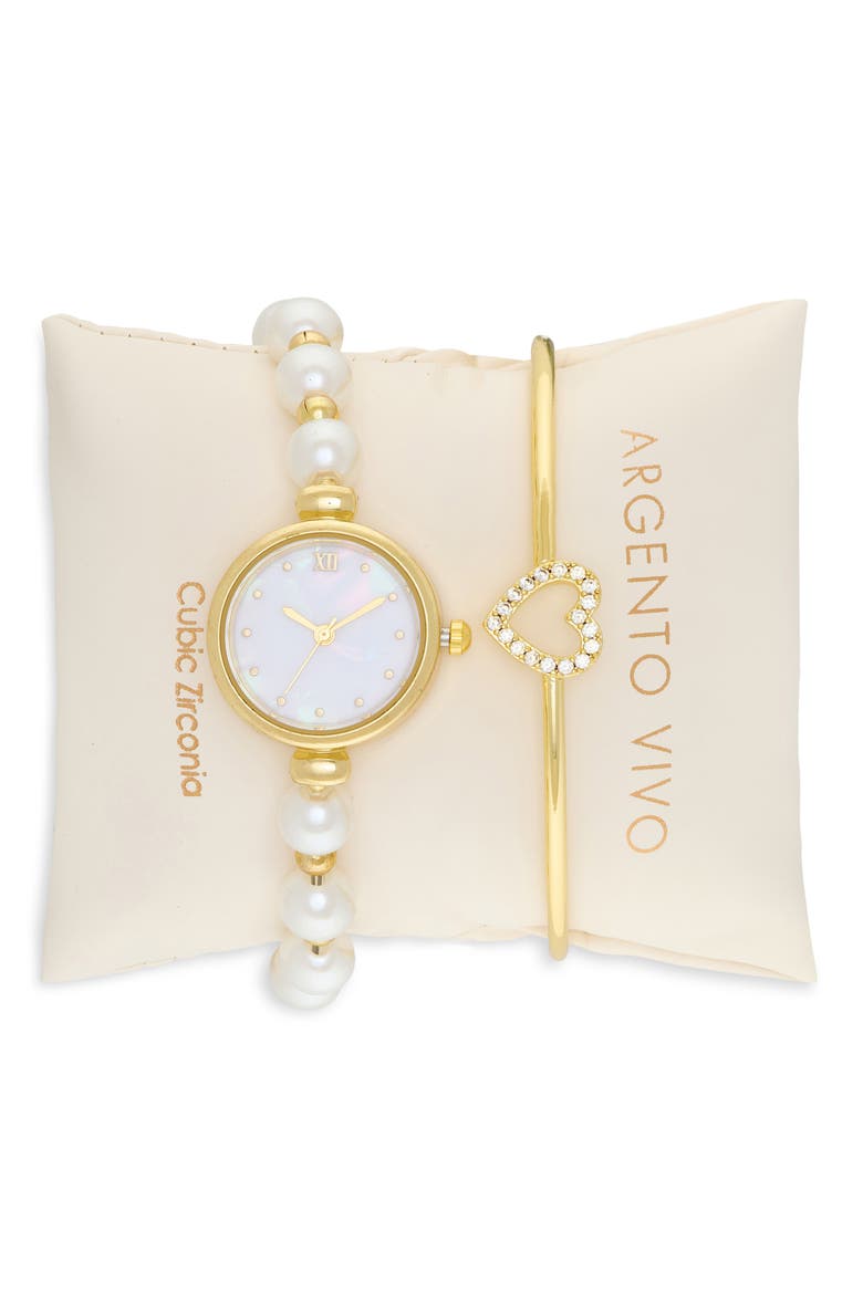 Mother-of-Pearl Watch & Heart Bangle Bracelet Set, Main, color, GOLD