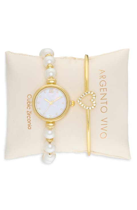 Mother-of-Pearl Watch & Heart Bangle Bracelet Set