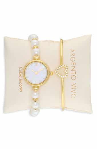 Mother-of-Pearl Watch & Heart Bangle Bracelet Set