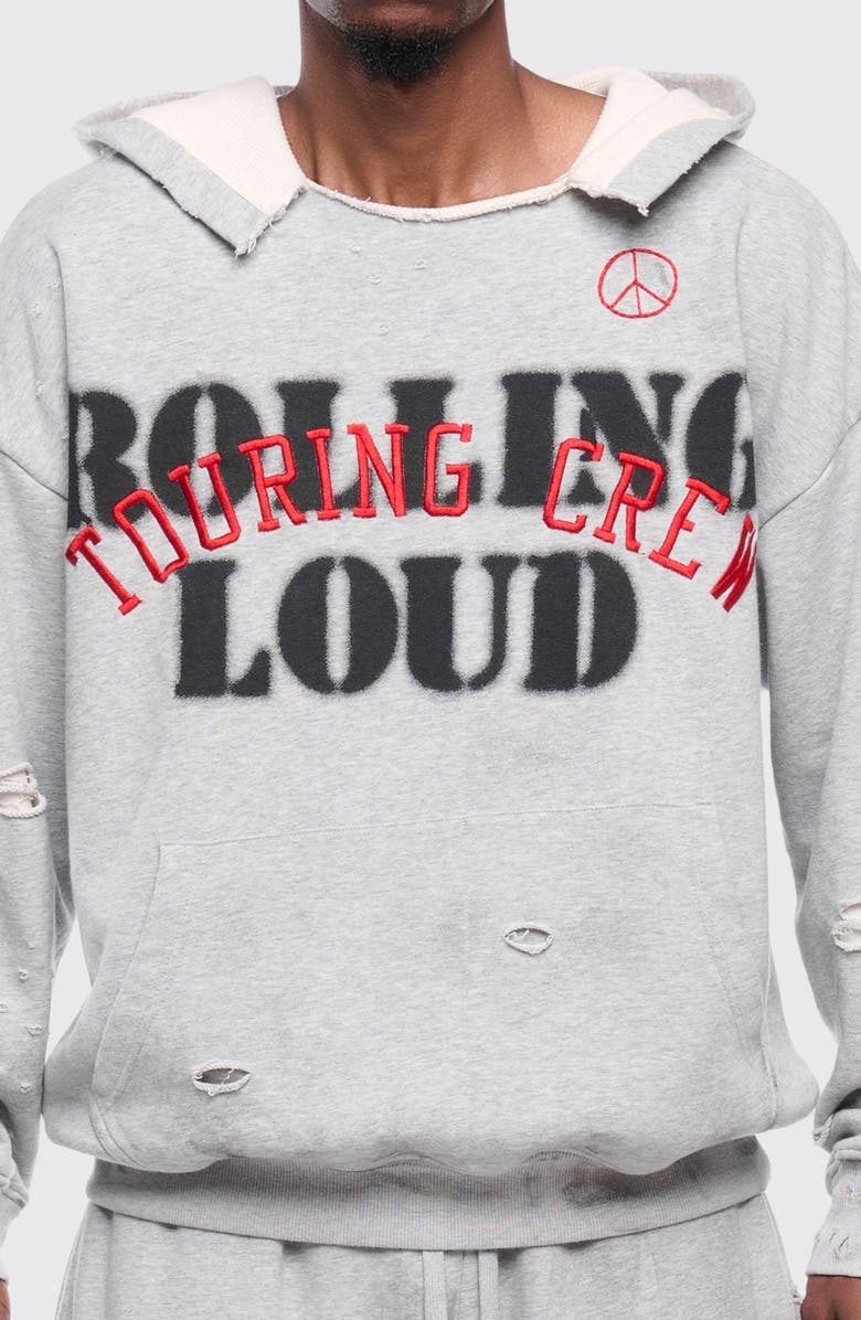 Rolling Loud RL Touring Crew Distressed Pullover Hoodie, Alternate, color, Heather Gray