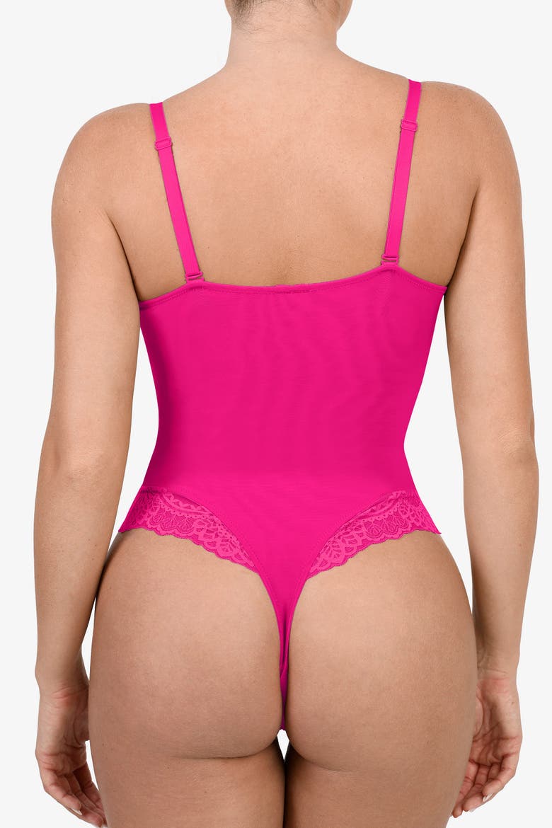 Plus Size Shapewear Lace Deep V-Neck Sculpting Thong Bodysuit, Alternate, color, Hot Pink