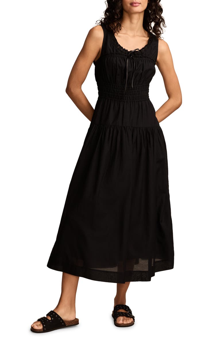 Lace Trim Sleeveless Smocked Poplin Midi Dress, Main, color, CAVIAR