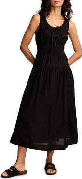 Lucky Brand Lace Trim Sleeveless Smocked Poplin Midi Dress