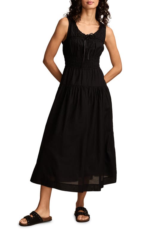 LUCKY BRAND LUCKY BRAND LACE TRIM SLEEVELESS SMOCKED POPLIN MIDI DRESS