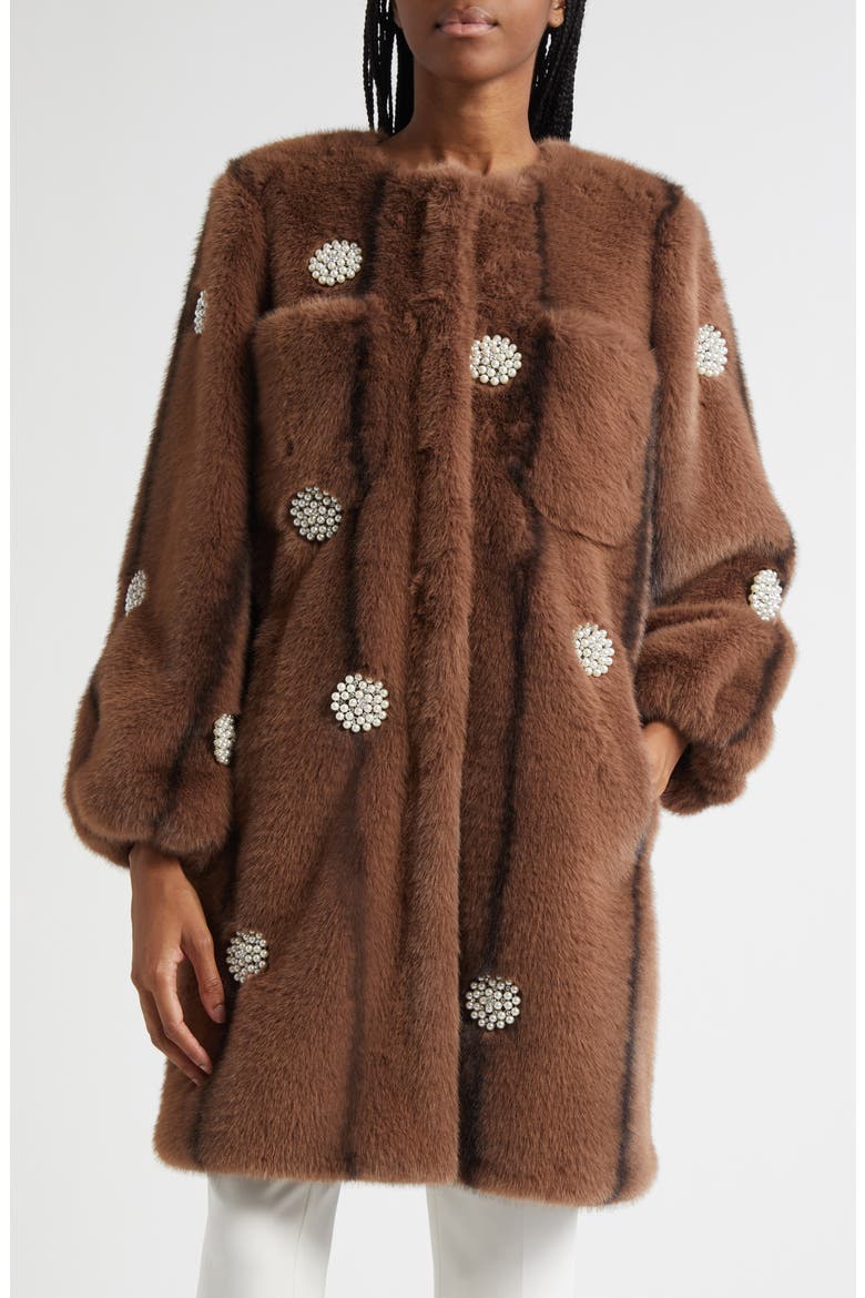Faux Pearl & Crystal Detail Faux Fur Coat, Main, color, TAUPE
