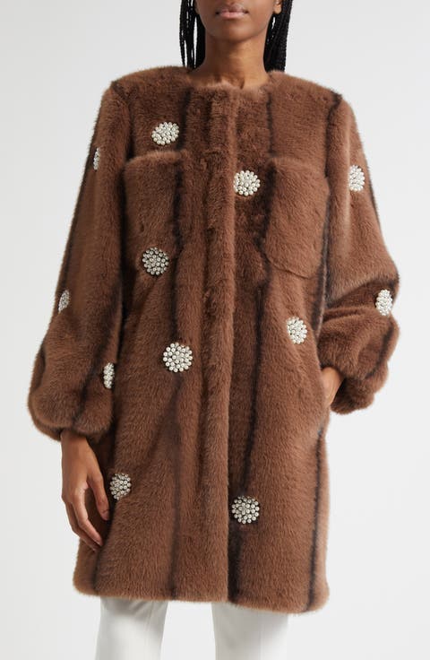 Faux Pearl & Crystal Detail Faux Fur Coat