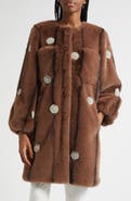 Cinq à Sept Faux Pearl & Crystal Detail Faux Fur Coat