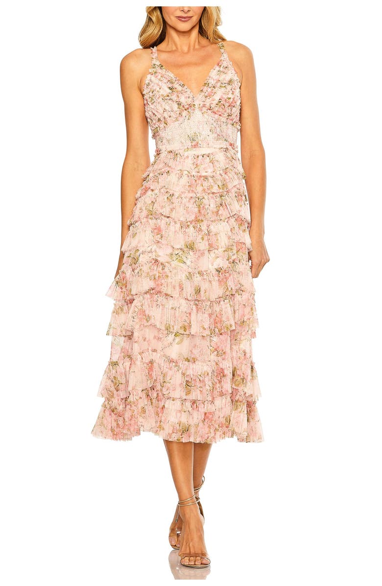 Mac Duggal Sleeveless V Neck Floral Mesh Ruffle Midi Dress, Main, color, Blush Multi