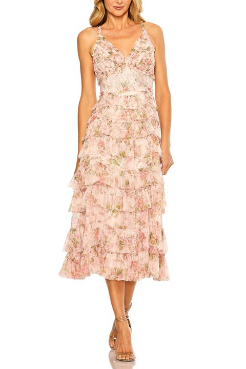 Sleeveless V Neck Floral Mesh Ruffle Midi Dress