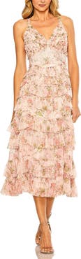 Mac Duggal Sleeveless V Neck Floral Mesh Ruffle Midi Dress