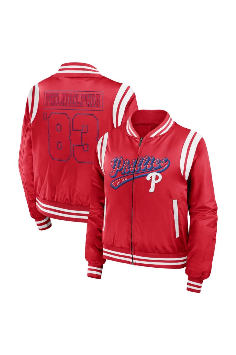 Women's WEAR by Erin Andrews Red Philadelphia Phillies Football Bomber Jacket, Main, color, Red