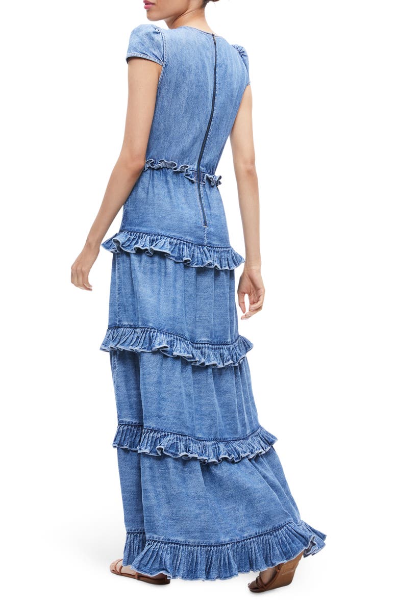 Alice + Olivia Cadby Cap Sleeve Tiered Denim Dress, Alternate, color,
