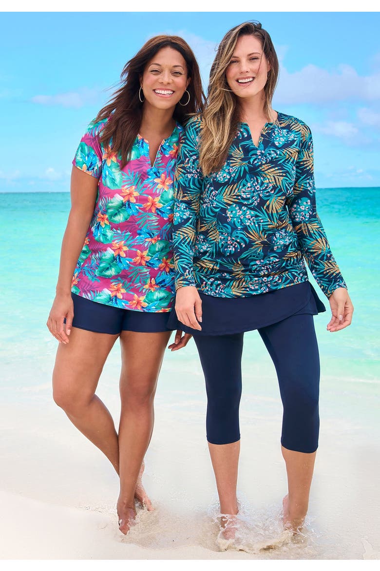 Split-Neck Long Sleeve Swim Tee With Built-In Bra, Alternate, color, NEON HIBISCUS
