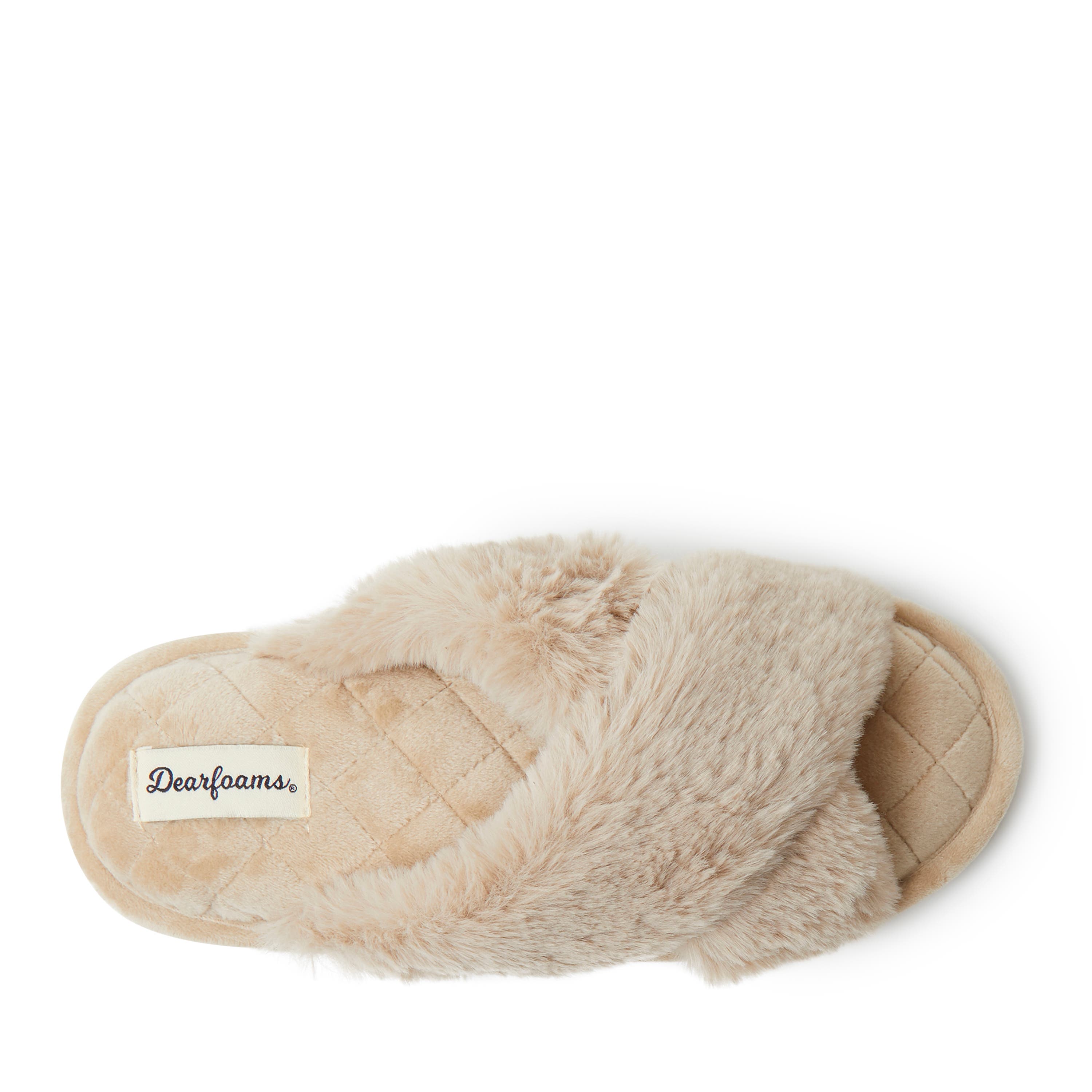 DEARFOAMS Jessica Furry Crossband Slide Slipper, Alternate, color, Latte