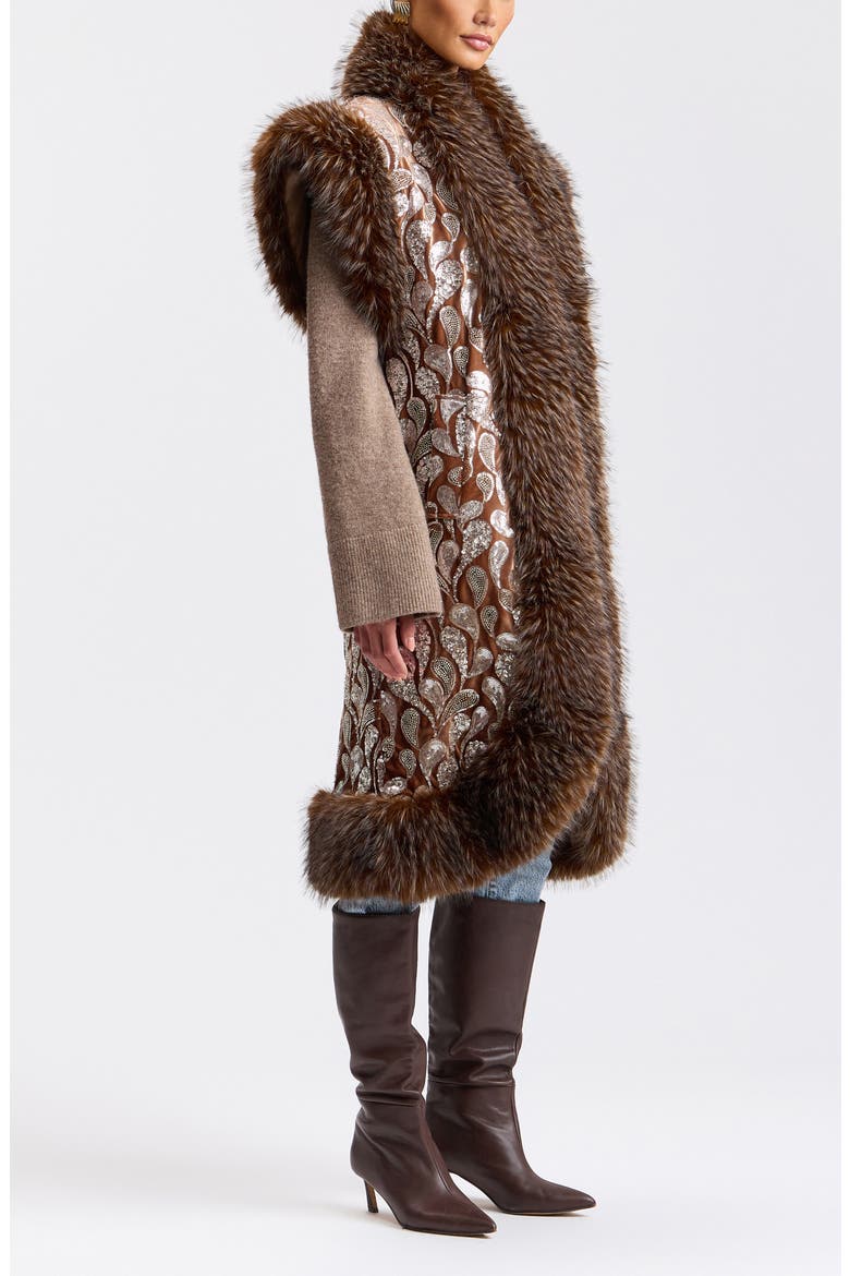 Faux Fur Trim Sequin Embellished Velvet Maxi Vest, Alternate, color, BROWN/ MAUVE