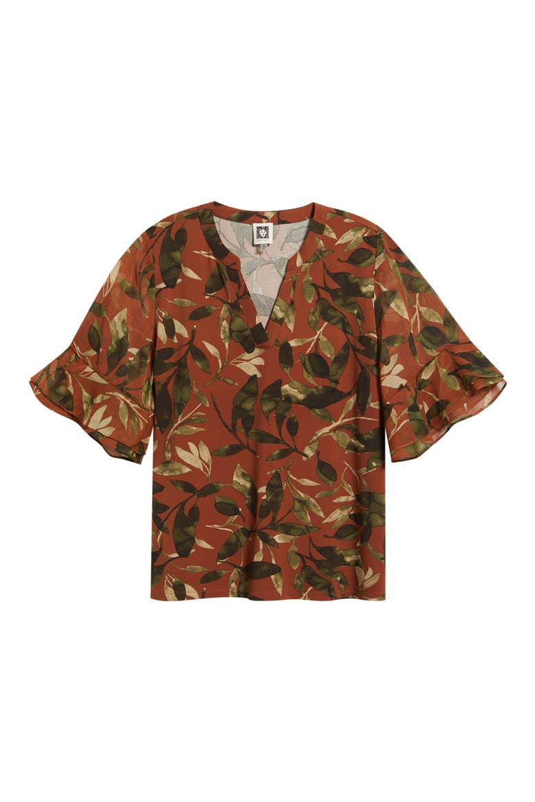 Leaf Print Ruffle Sleeve Shirt, Alternate, color, CEDAR SPC MLT