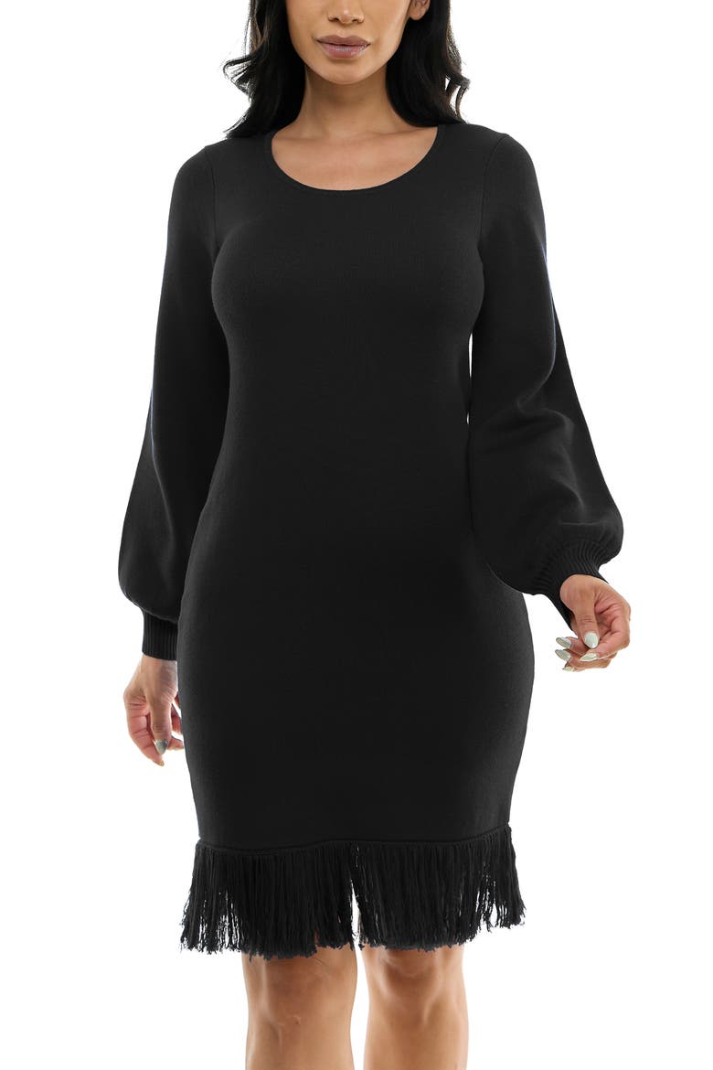 Balloon Sleeve Fringe Hem Sweater Dress, Main, color, BLACK