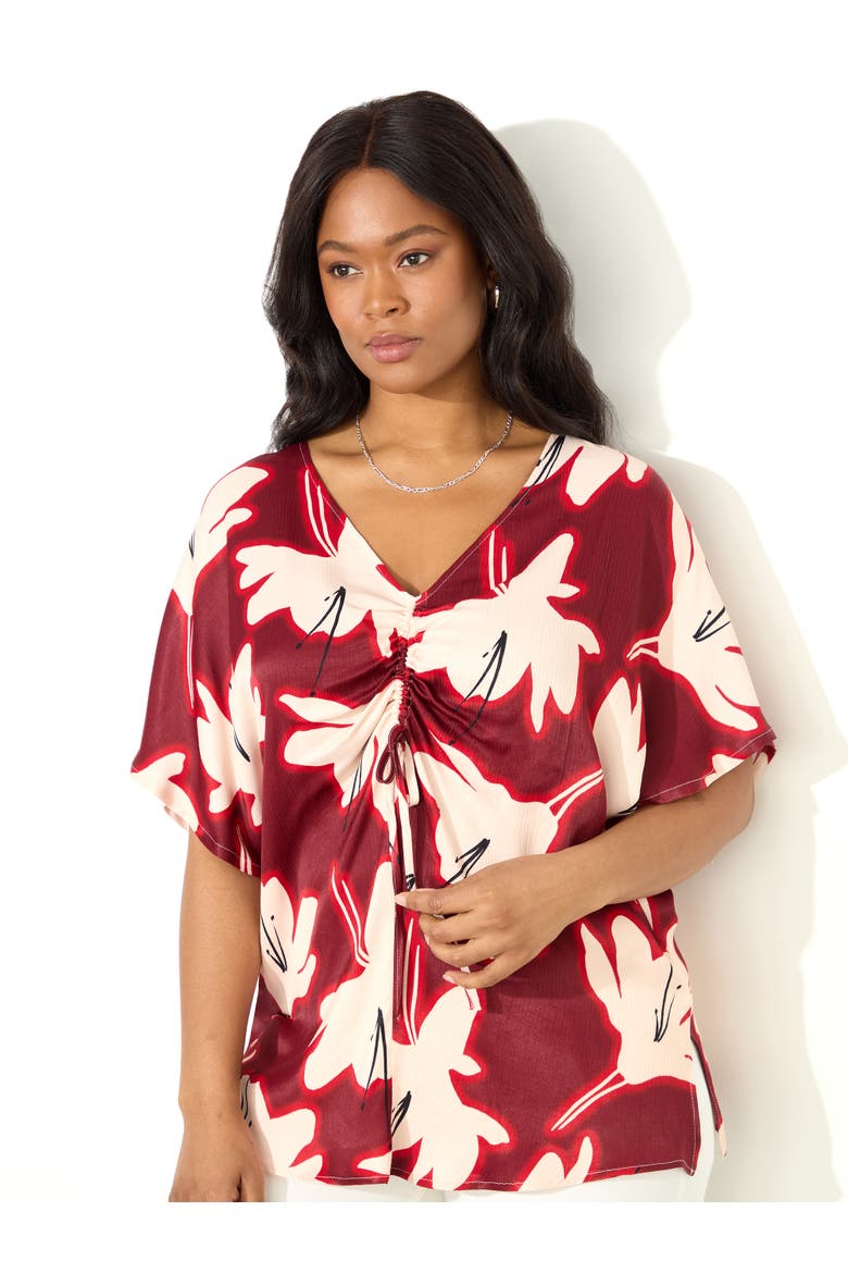 Floral Print Ruched Front Blouse, Main, color, Red Floral