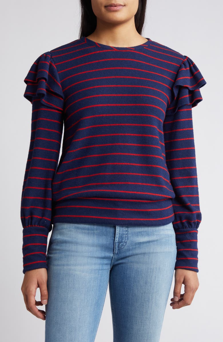 Caslon<sup>®</sup> Stripe Ruffle Shoulder Sweatshirt Top, Main, color, 