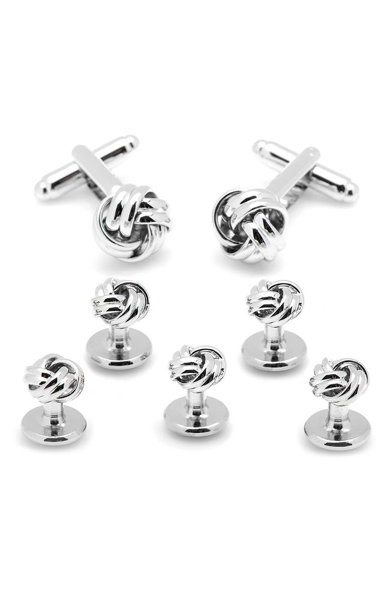 Knot Cuff Links & Studs Set, Main, color, SILVER