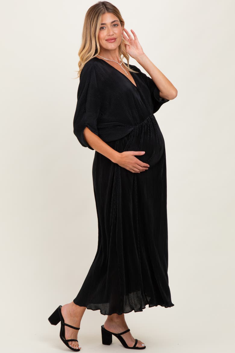 Pleated Satin Dolman Sleeve Maxi Dress, Alternate, color, Black