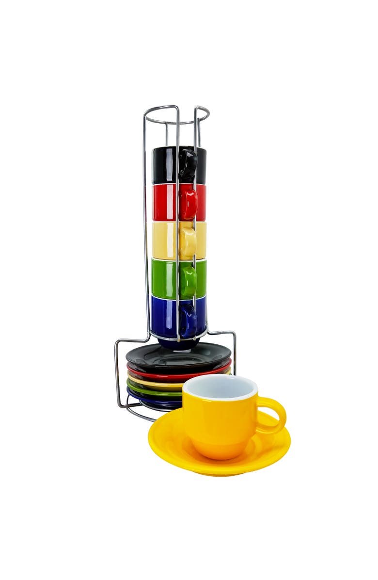 Gibson Sensations 13 Piece Stackable Non-Toxic Ceramic Small Espresso Cup Set with Saucers and Metal Wire Rack, Main, color, Black