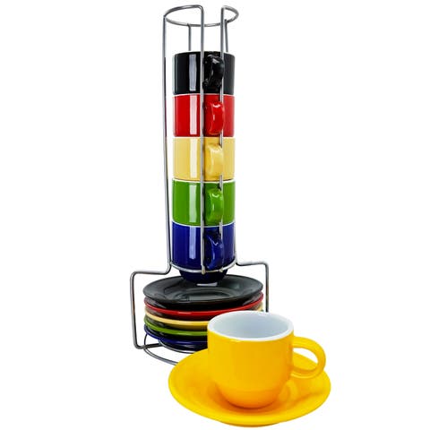 Sensations 13 Piece Stackable Non-Toxic Ceramic Small Espresso Cup Set with Saucers and Metal Wire Rack