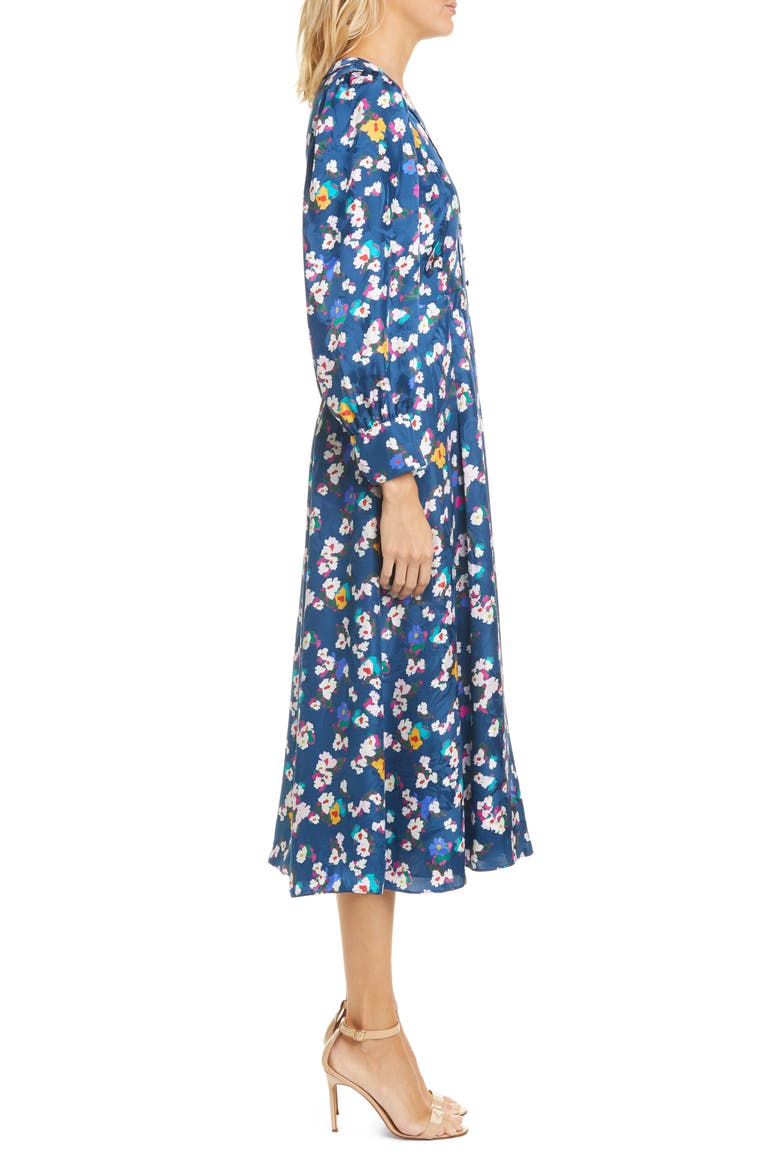 Thelma Floral Silk Jacquard Long Sleeve Silk Midi Dress, Alternate, color, BRUSHED FLORAL LARGE NAVY
