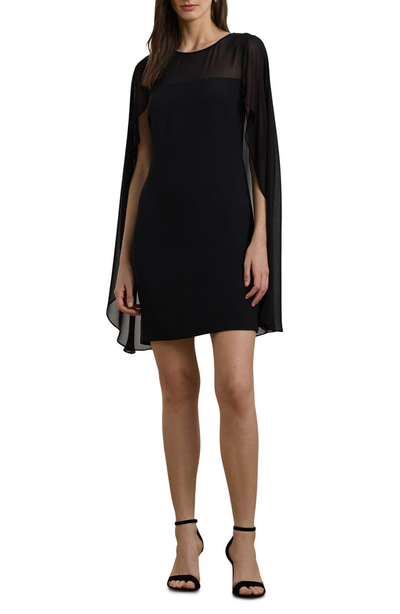 Lauren Ralph Lauren Cape Long Sleeve Cocktail Minidress, Main, color, Black