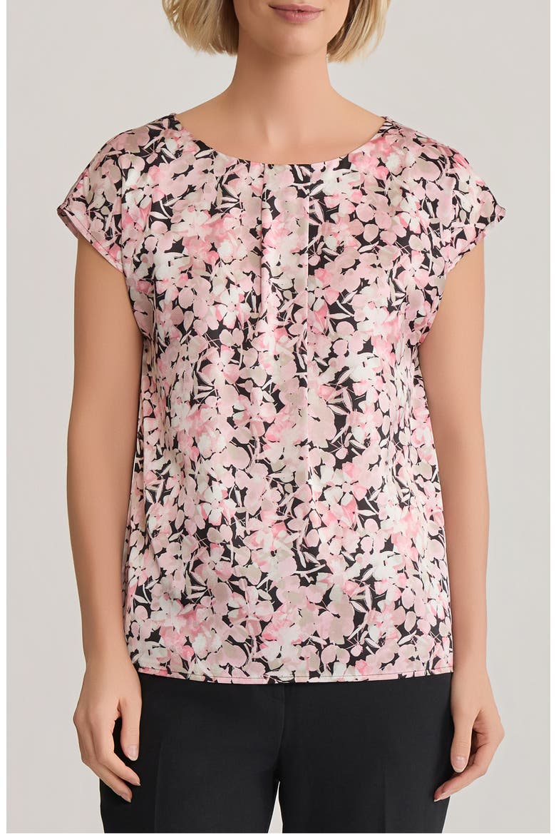 Floral Print Box Pleat Satin Top, Main, color, BLACK/ PINK MULTI