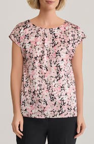 KASPER Floral Print Box Pleat Satin Top