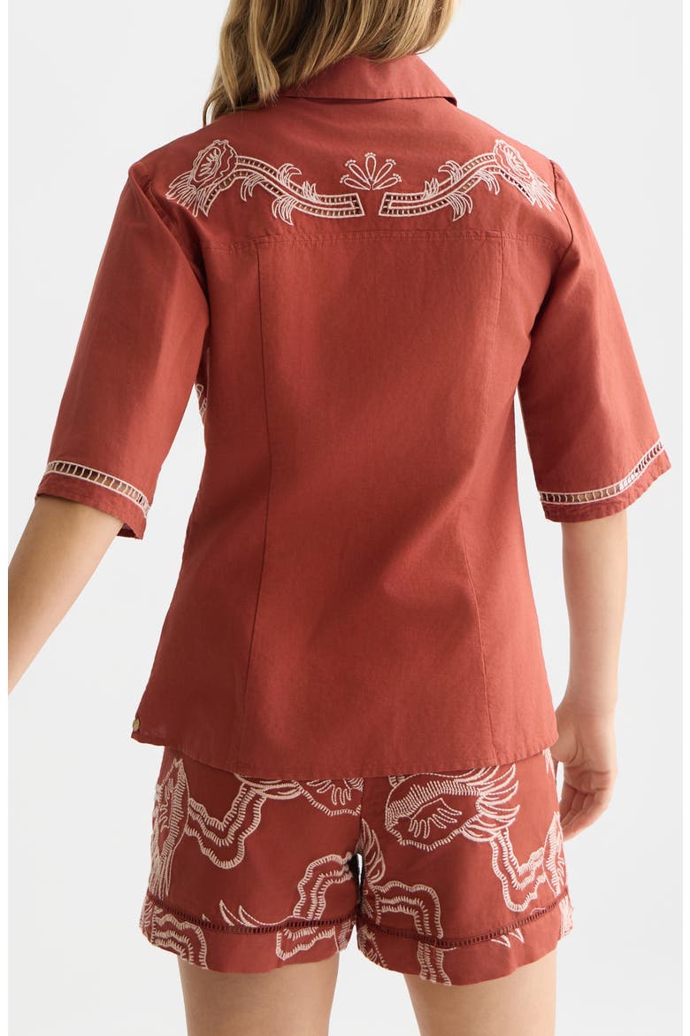 Embroidered Cotton & Linen Button-Up Shirt, Alternate, color, BURNT HENNA