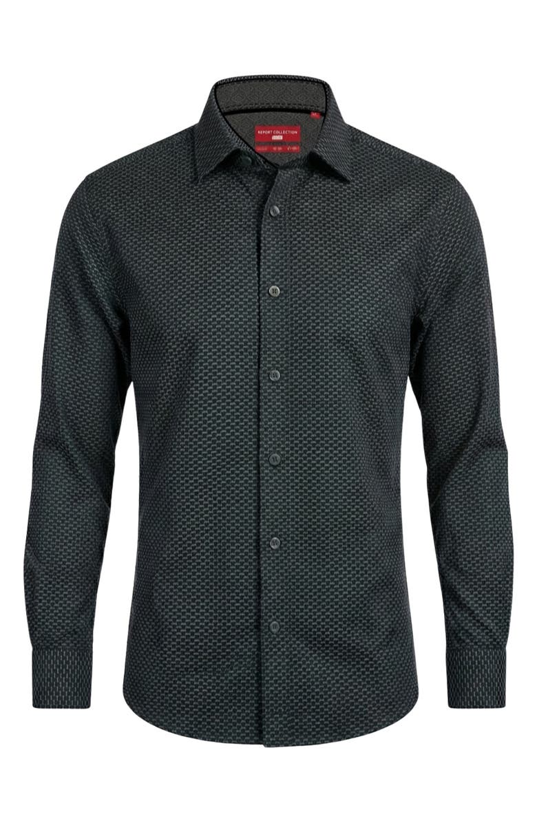 Report Collection Regular Fit Geometric Print 4-Way-Stretch Button-Up Shirt, Alternate, color, Black
