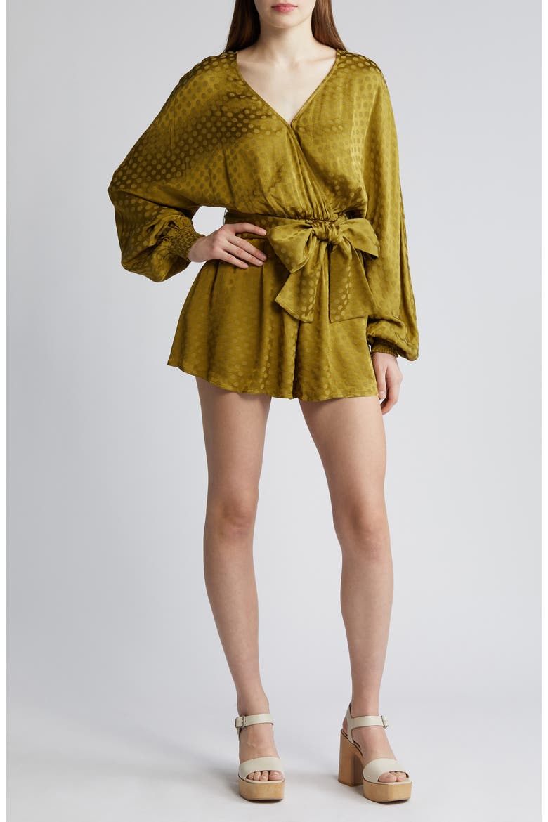 Jacquard Polka Dot Long Sleeve Romper, Main, color, OLIVE EYES