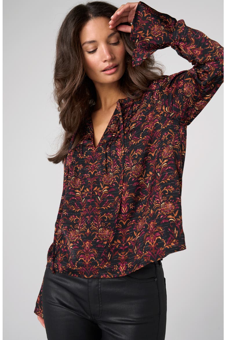 Pintuck Split Neck Sateen Top, Alternate, color, BLK/ BURGNDY MLT