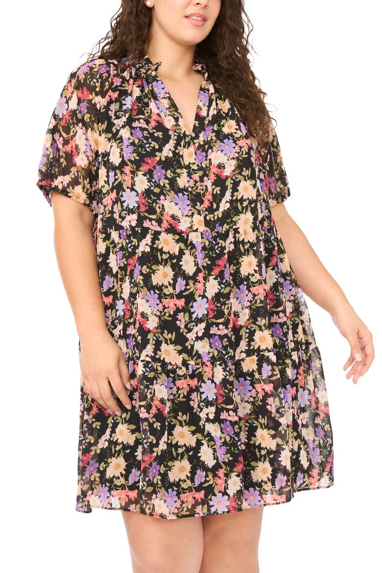 Floral Short Sleeve Babydoll Dress, Alternate, color, RICH BLACK