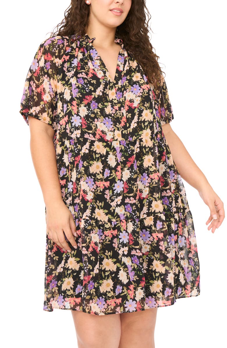 CeCe Floral Short Sleeve Babydoll Dress, Alternate, color, Rich Black