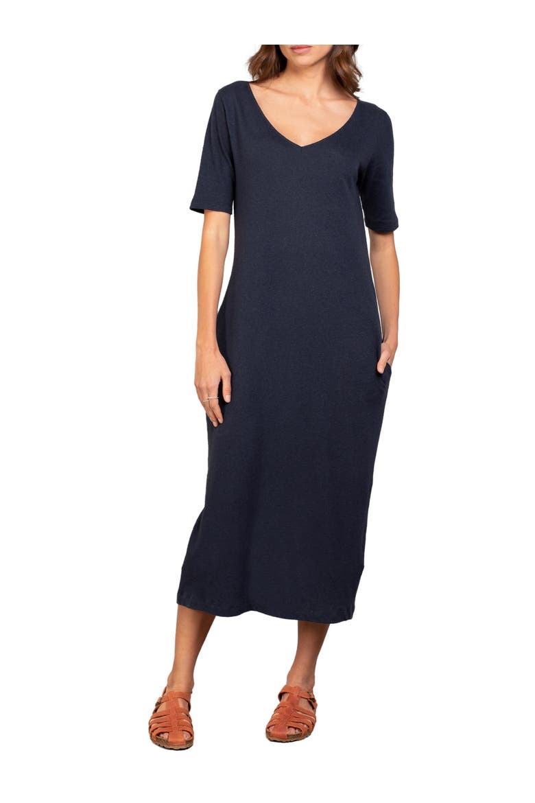 Linen Blend Midi Dress, Alternate, color, NAVY